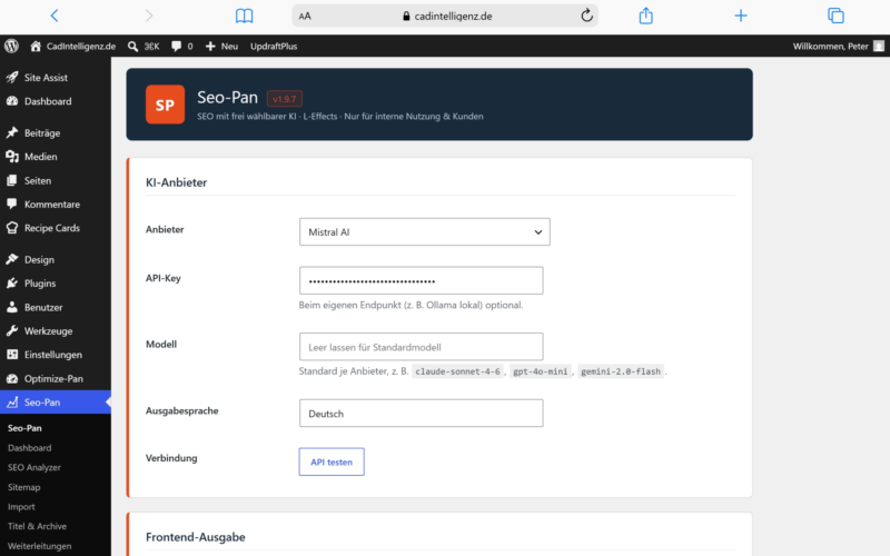 SEO-Pan Plugin Einstellungen für KI-Anbieter mit Mistral AI API-Key Eingabe und Verbindungstest