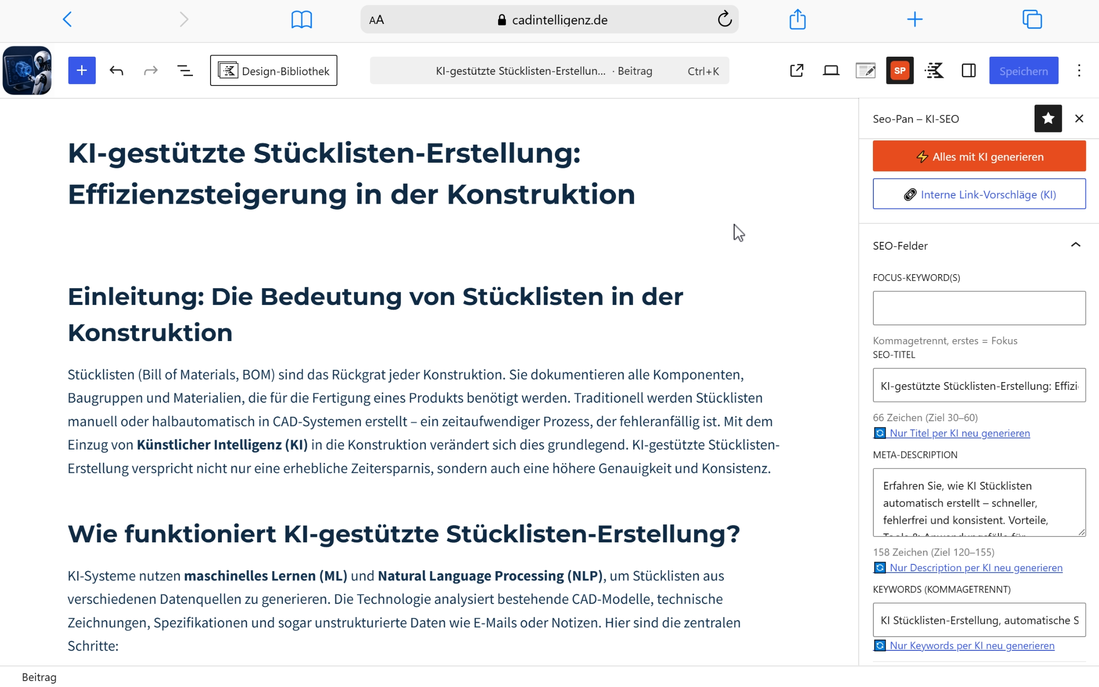 Screenshot eines Artikels über KI-gestützte Stücklisten-Erstellung mit SEO-Plugin und Überschriften wie Effizienzsteigerung …