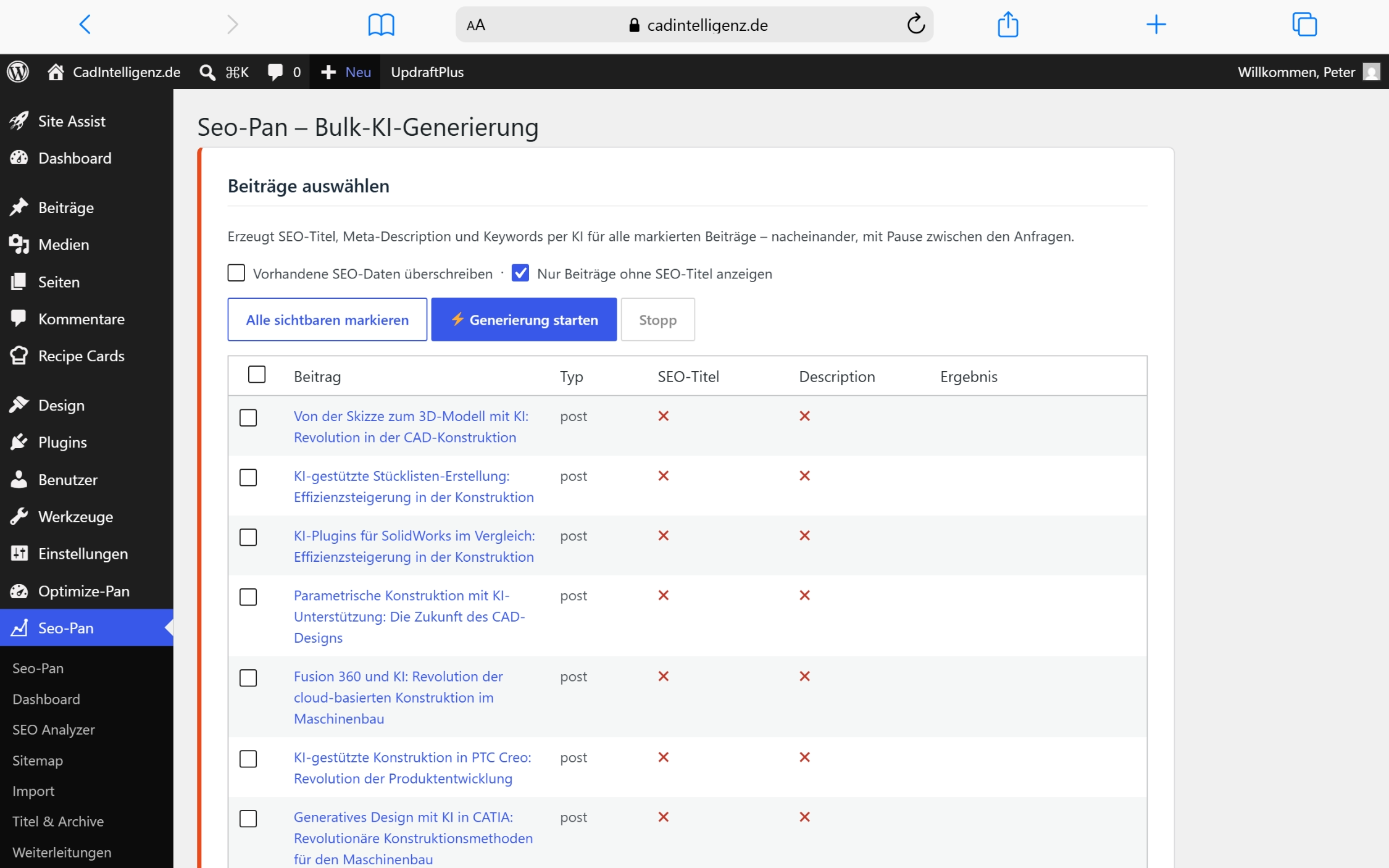 WordPress Seo-Pan-Bulk-KI-Generierungsoberfläche mit ausgewählten Blogbeiträgen zur SEO-Optimierung ohne Titel und Beschreib…