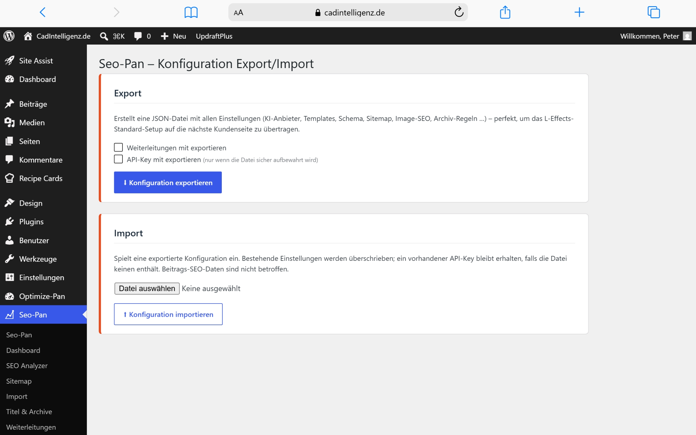 Seo-Pan Plugin Oberfläche mit Export Import Optionen für Konfiguration in WordPress Dashboard