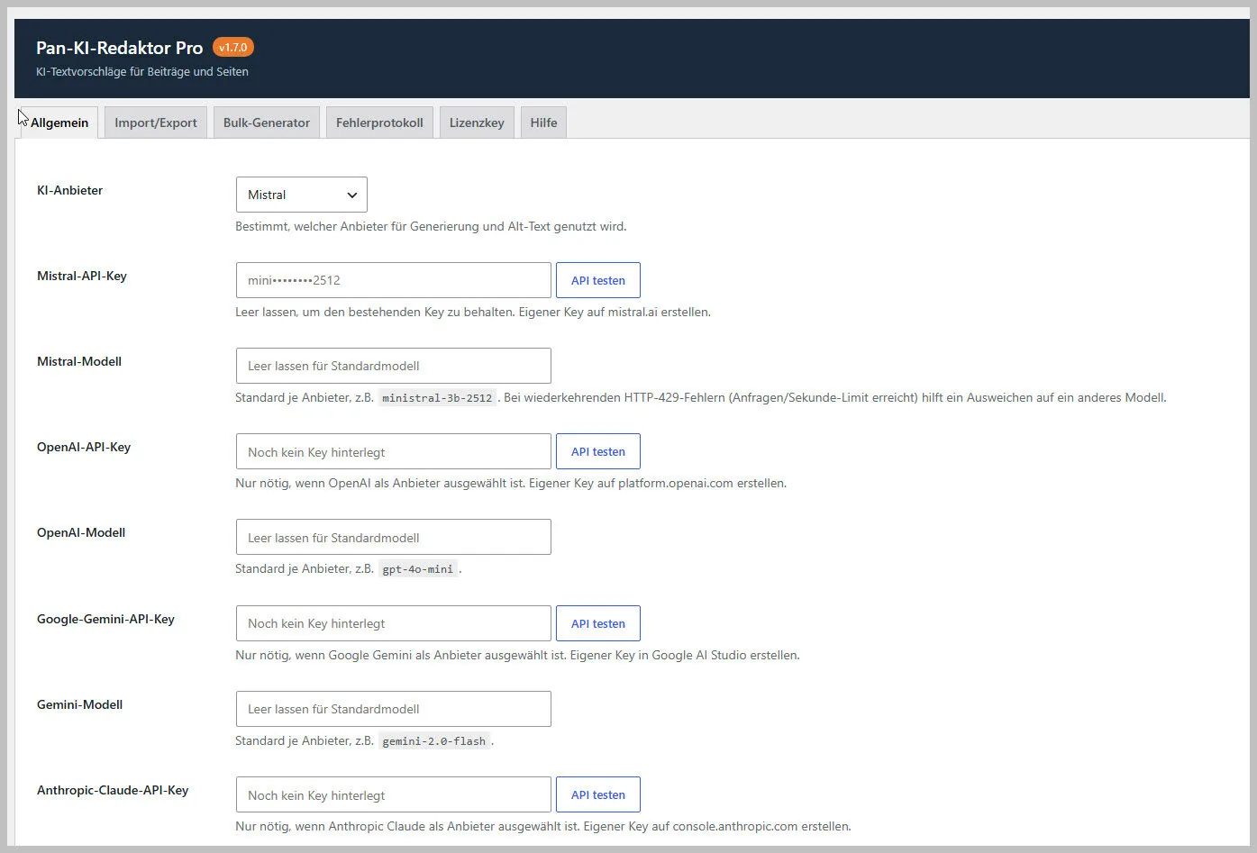 KI-API-Einstellungen für verschiedene Anbieter wie Mistral, OpenAI, Google Gemini und Anthropic mit API-Testfeldern und Mode… - |Pan4.de Plugins Abo Frei