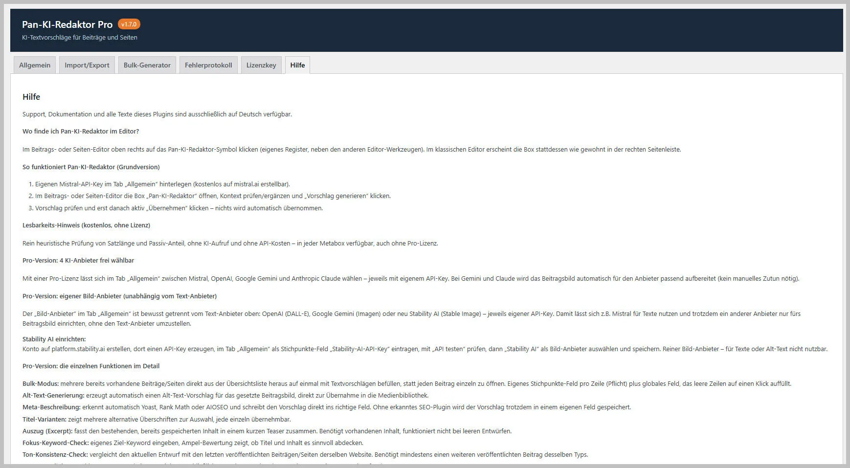 Hilfe-Seite für Pan-KI-Redaktor Pro mit Anleitungen zur Nutzung, Textgenerierung und Lizenzinformationen auf Deutsch - |Pan4.de Plugins Abo Frei