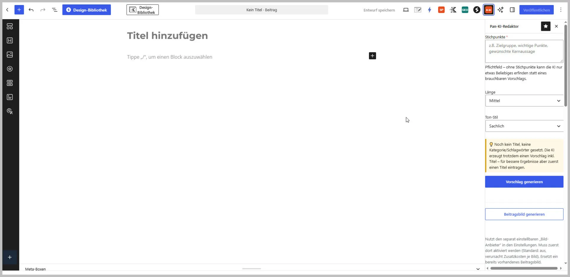Interface für Titel-Einzug eines Design-Bibliothekstools mit Vorschlagstool für Kernaussagen und Einstellungen für Stichpunk… - |Pan4.de Plugins Abo Frei
