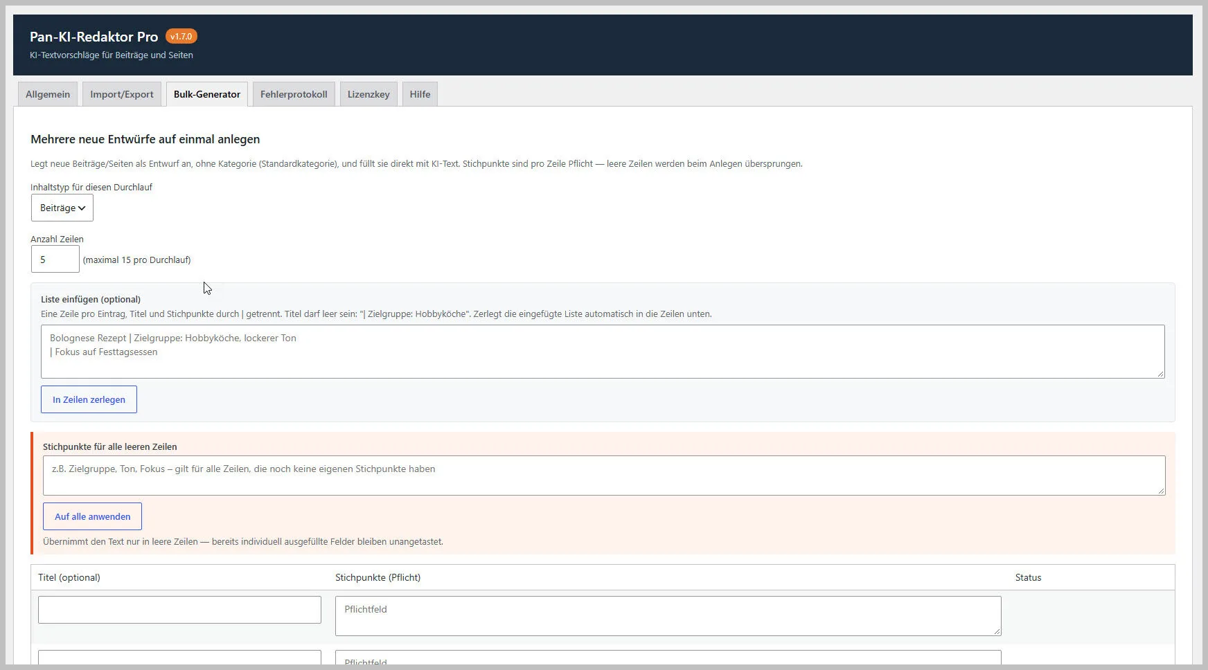 Interface für Bulk-Generator zur Erstellung neuer Entwürfe mit Einträgen, Titel, Stichpunkte und Optionen zur Massenanwendung - |Pan4.de Plugins Abo Frei