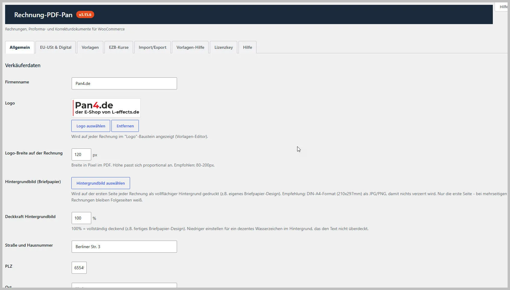 Rechnungseinstellungen für WooCommerce mit Firmenlogo, Hintergrundbildauswahl und Adressfeldern - |Pan4.de Plugins Abo Frei