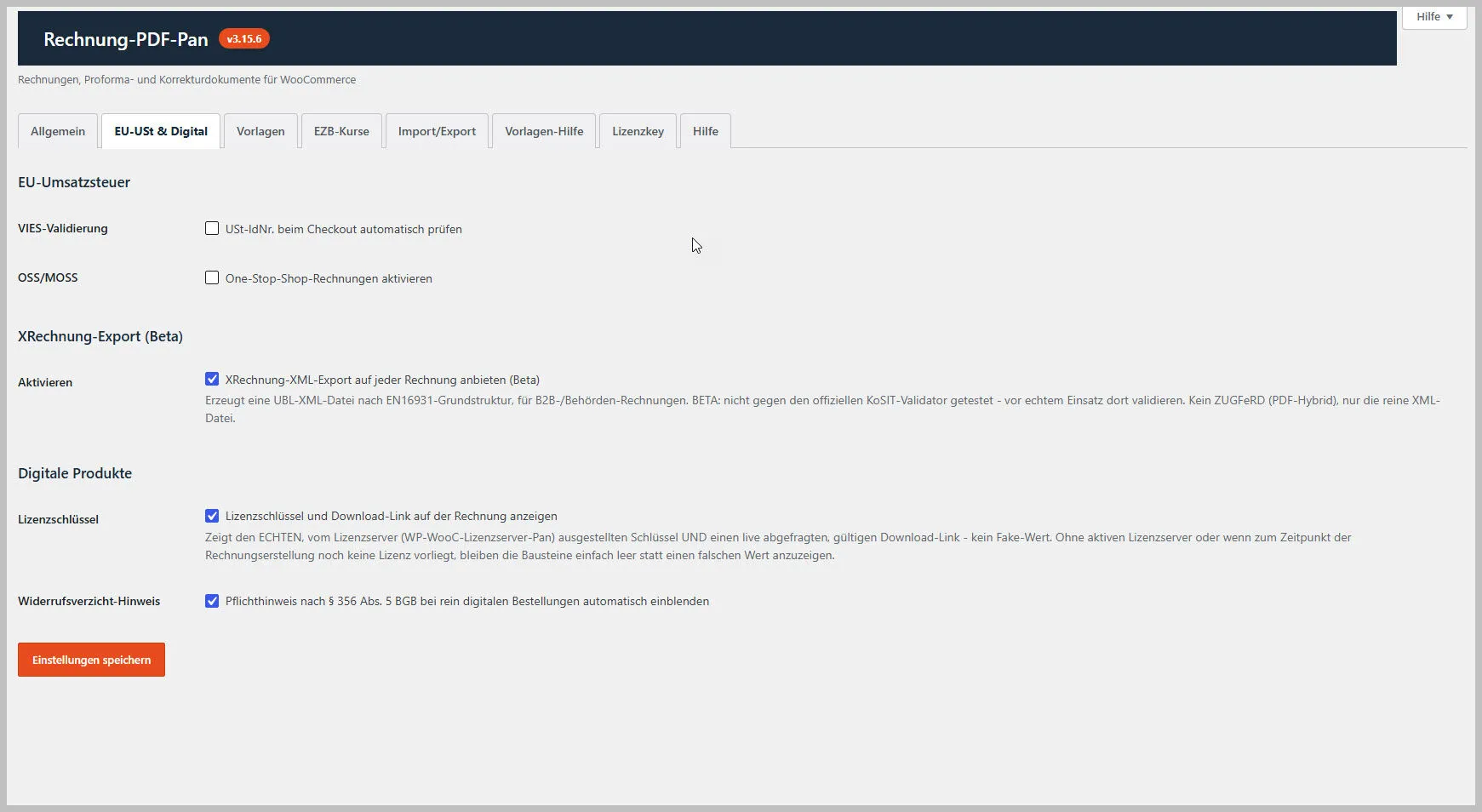 EU-USt-Einstellungen und digitale Produktkonfiguration für Rechnung-PDF-Pan WooCommerce Plugin mit Optionen wie VIES, XRechn… - |Pan4.de Plugins Abo Frei