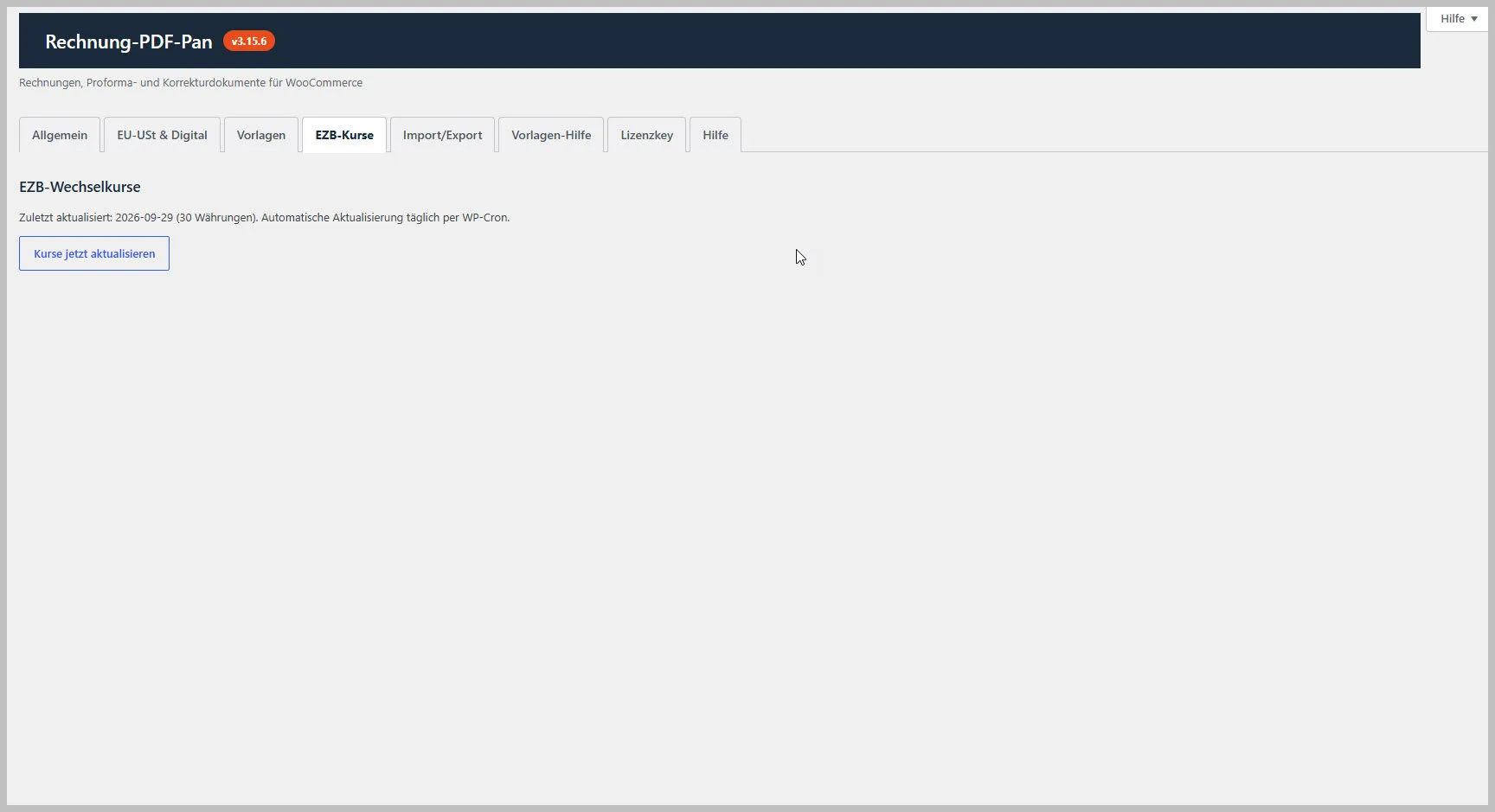 Schnittstelle für Rechnung-PDF-Pan-EZB-Wechselkurse mit Aktualisierungsoption und Menüleiste - |Pan4.de Plugins Abo Frei