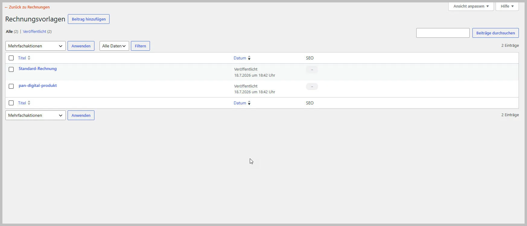 Rechnungsvorlagen-Übersicht mit Inhalten wie Titel, Veröffentlichungsdatum und SEO-Einstellungen für zwei Beiträge - |Pan4.de Plugins Abo Frei