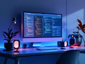 Moderner Arbeitsplatz mit Monitor mit Code-Editor, LED-Beleuchtung, Pflanzen, Laptop, Schallplattenboxen und Pinselhalter - |Pan4.de Plugins Abo Frei